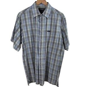 AVIREX Men's L Plaid Short-Sleeve Button-Up Shirt 100% Cotton Black‎ Blue Casual